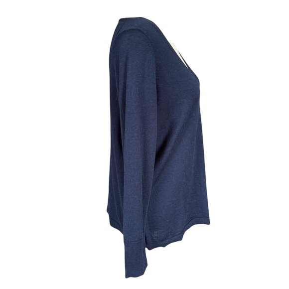 Talbots Petites XP dark blue long sleeve v-neck pullover stretchy wool sweater - Picture 4 of 8
